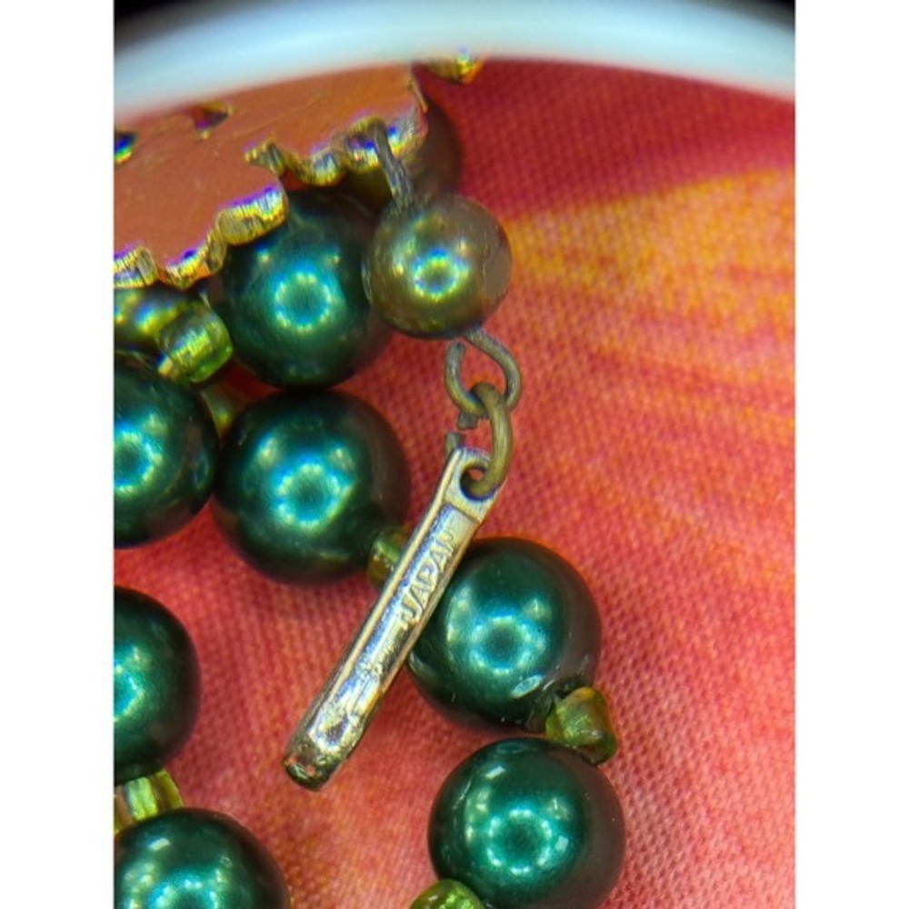 Vintage Japan Emerald Green Faux Pearl Crystal Double Strand Necklace Earrings - Picture 6 of 7